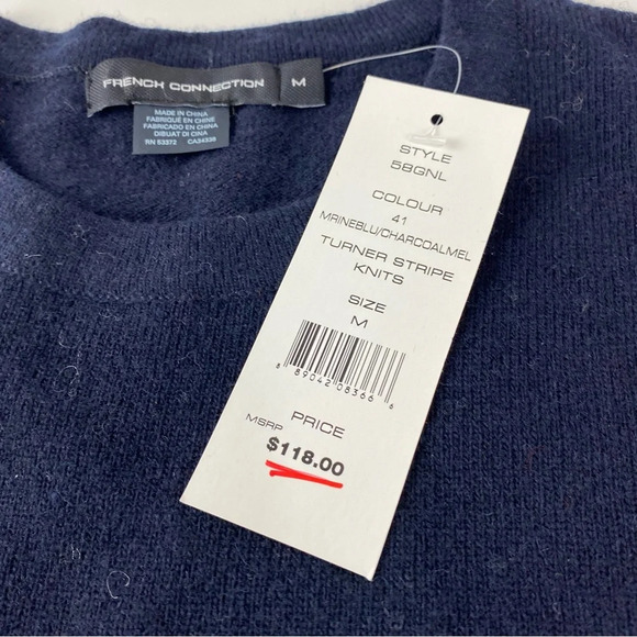 French Connection Mens Medium Lambswool Blend Gray Navy Striped Sweater NWT - Picture 4 of 6